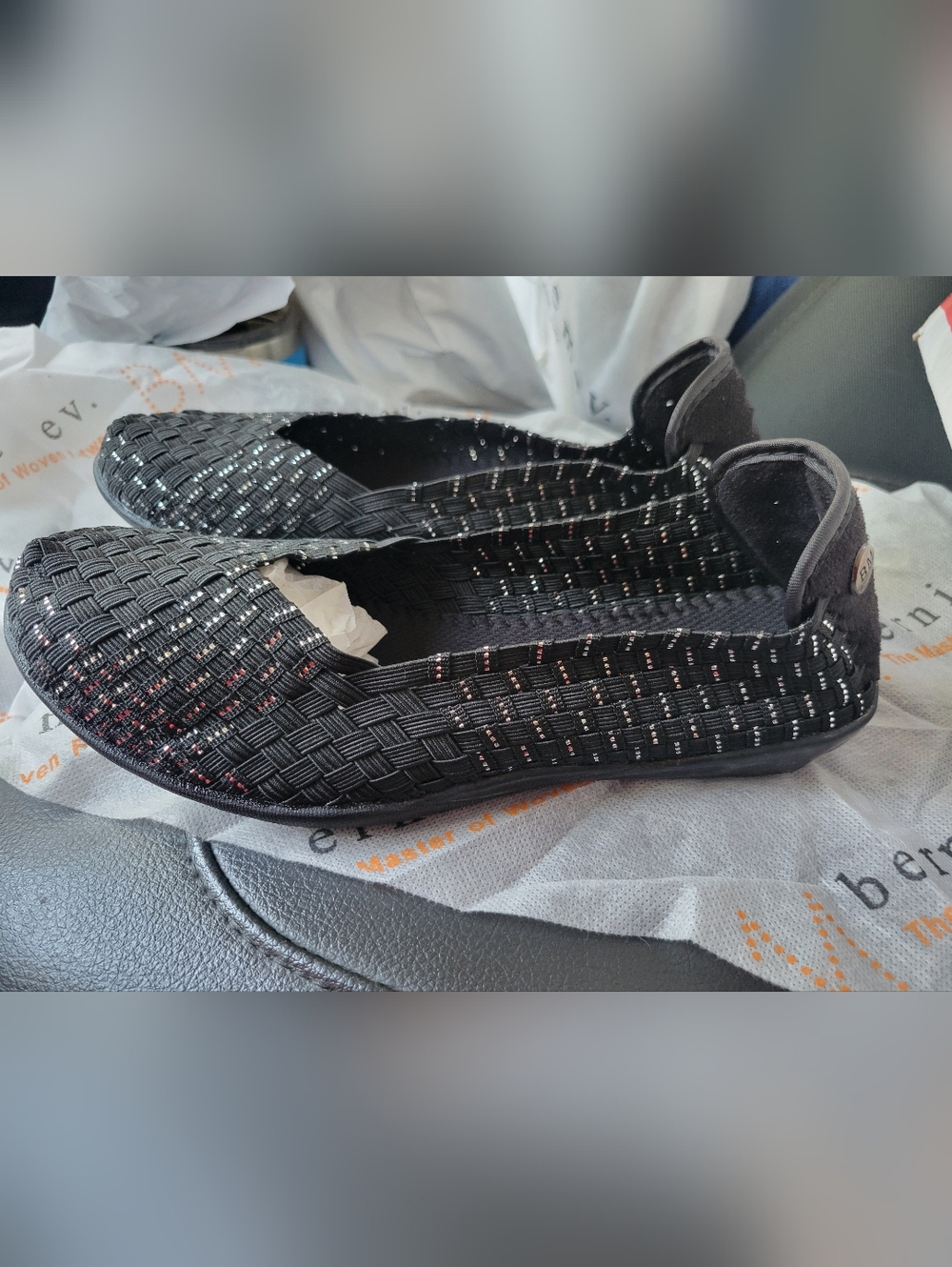 Bernie Mev Black Woven Slip-On Flats with Metallic Thread NEW